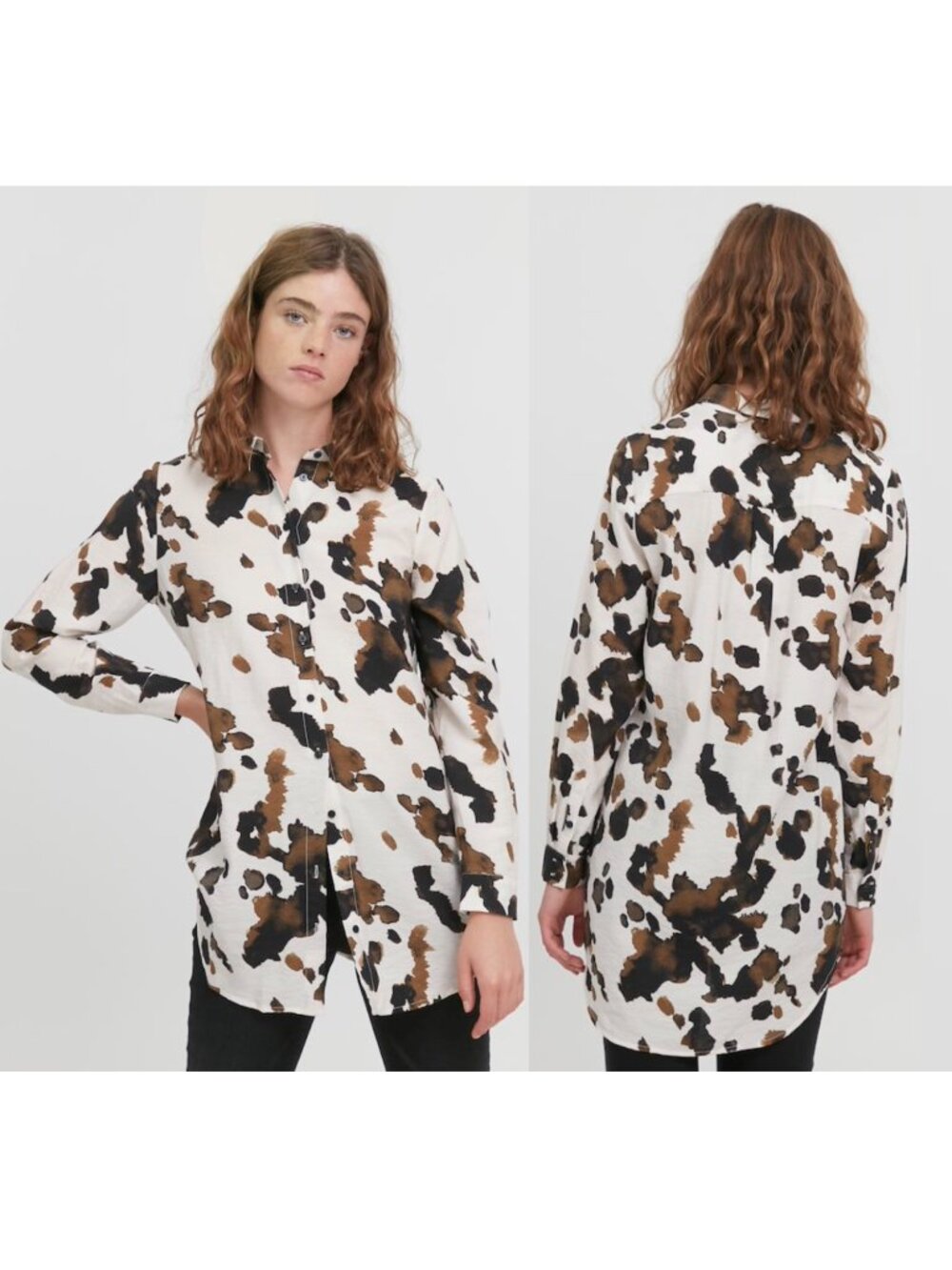 ICHI Long Sleeved Button Down Cow Print Shirt, EU36/US6/S